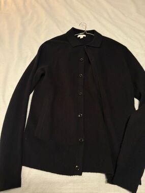 Reiss Navy Button-Up Collared Knit Cardigan (100% Merino Wool)